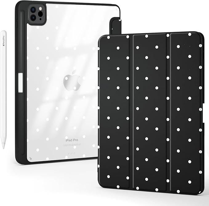 Cute Kawaii Polka Dot for iPad Pro 13 Inch Case (M5/M4) 2025/2024 with Pencil Holder Auto Sleep/Wake Black Leather Clear Acrylic Back Cover