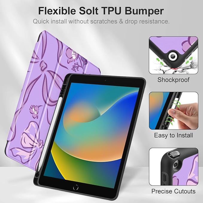Mektron Designed Printed iPad 10.2 Case 9th Gen (2021)/ 8th Gen (2020)/ 7th Gen (2019) with Pencil Holder Slim Protective Case with Soft TPU Back for iPad 10.2 inch Flowers-Bows-Purple