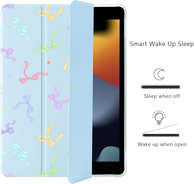 Cute Kawaii Colorful Bow for iPad Pro 13 Inch Case (M5/M4) 2025/2024 with Pencil Holder Auto Sleep/Wake Blue Leather Soft TPU Back Cover