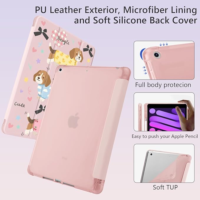 Cue Kawaii Beagle Dog Puppy for iPad Pro 12.9 Inch Case 5th/6th Generation 2022/2021/2020 with Pencil Holder Auto Sleep/Wake Pink Leather Soft TPU Back Cover