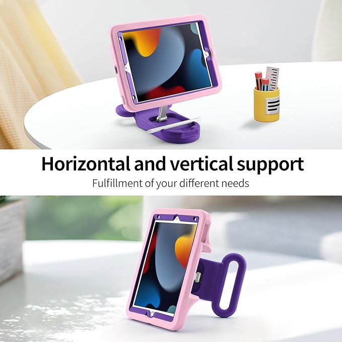 Kids Case for iPad 9th Gen 2021/ iPad 8th Gen 2020/ iPad 7th Gen 2019 Adjustable Portrait/Landscape Stand Drop Proof with HandleChild Friendly Cover for iPad 10.2 Inch (PinkPurple)