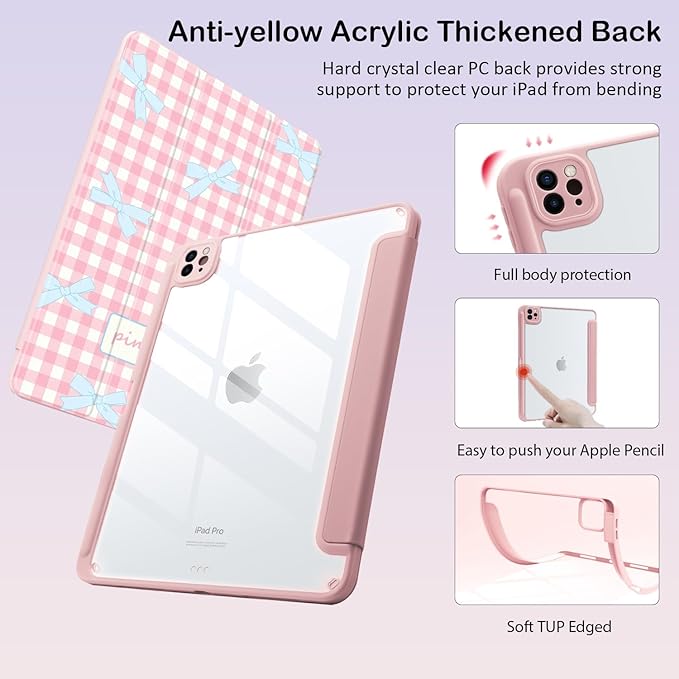 Cute Kawaii Bow Plaid for iPad Pro 11 Inch Case (M5/M4) 2025/2024 with Pencil Holder Auto Sleep/Wake Pink Leather Clear Acrylic Back Cover