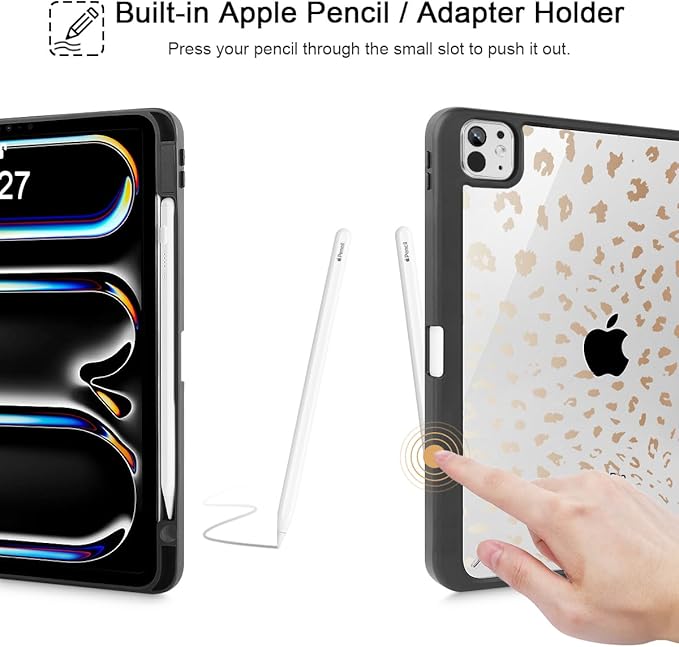 May Chen Case for iPad Pro 11-Inch M5/M4 2025/2024 (6th/5th Generation) Clear Transparent Print Back Shell Slim Stand Shockproof Tablet Cover Auto Wake/Sleep Leopard Print