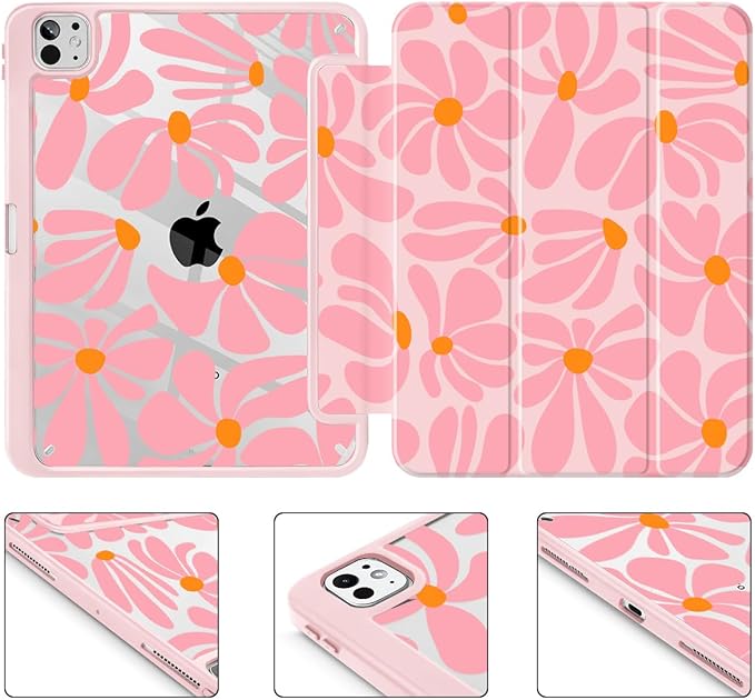 May Chen Case for iPad Pro 11-Inch M5/M4 2025/2024 (6th/5th Generation) Clear Transparent Print Back Shell Slim Stand Shockproof Tablet Cover Auto Wake/Sleep Groovy Flower