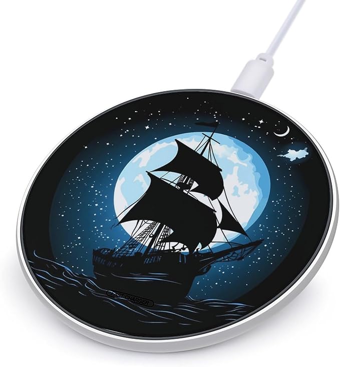 Moonlit Pirateships Silhouette Wireless Charger Anti-Slip Wireless Charging Pad Slim Charger Mat for Men Women