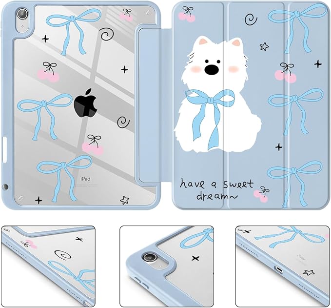 May Chen Case for iPad Air 13 Inch M4 2026 M3 2025 M2 2024 [Built-in Pencil Holder] Shockproof Cover with Clear Transparent Back Shell Auto Sleep/Wake Cover Blue Bows Dog