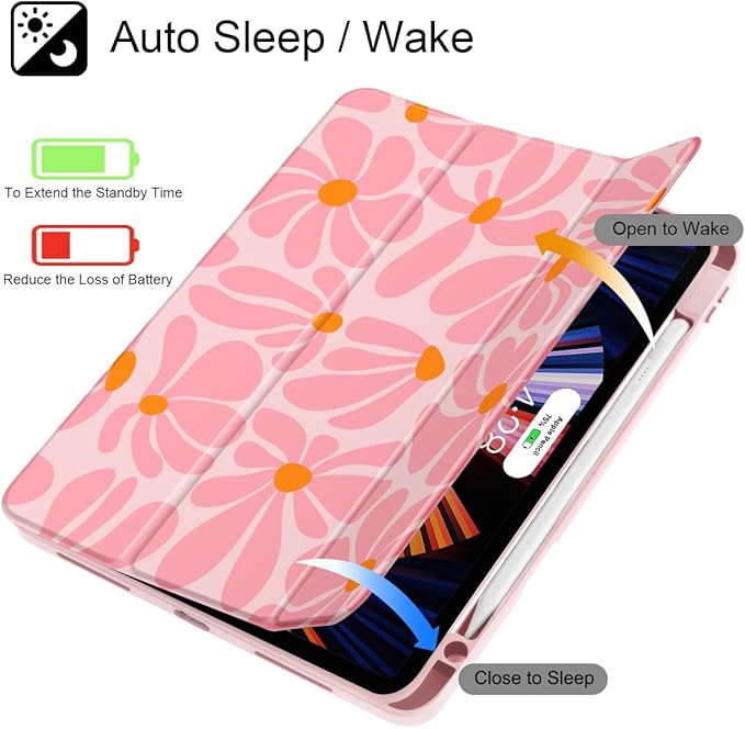 May Chen Case for iPad Pro 11-Inch M5/M4 2025/2024 (6th/5th Generation) Clear Transparent Print Back Shell Slim Stand Shockproof Tablet Cover Auto Wake/Sleep Groovy Flower