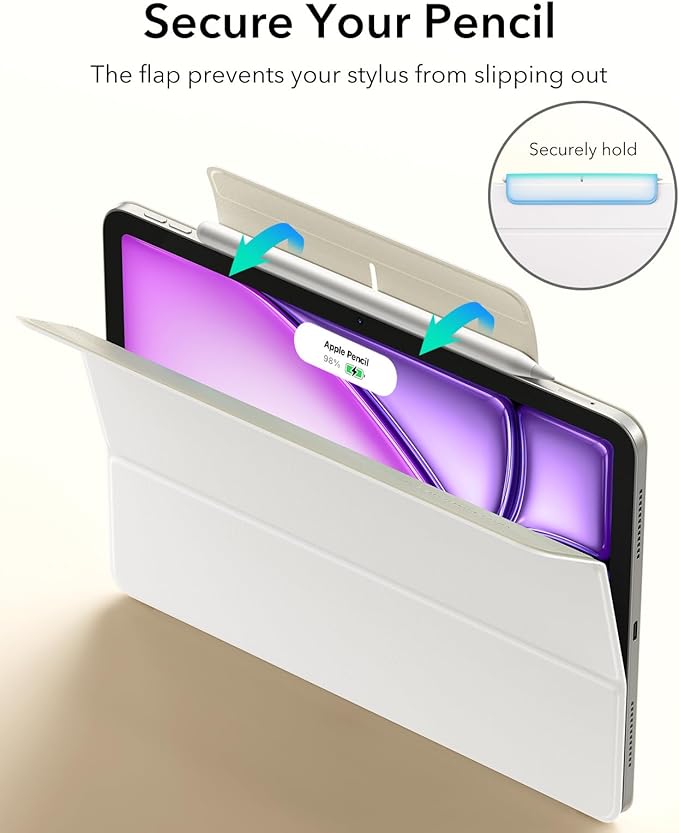 ESR for iPad Air 13 Inch Case M4/M3/M2 (2026/2025/2024) iPad Pro 12.9 Case Powerful Magnetic Attachment Slim Trifold Stand Case Supports Pencil Pro/USB-C Rebound Series Brilliant White