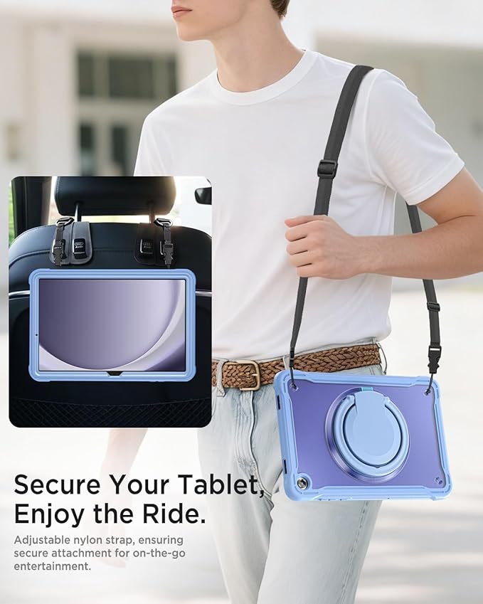 Miimall Case for Samsung Galaxy Tab A11 Plus 2025 11 Inch with Pen Holder Bulit-in 360 Rotating Stand Ring Shockproof Rugged Kids Friendly Shell Shoulder Strap Cover for Samsung A11+ Tablet Purple