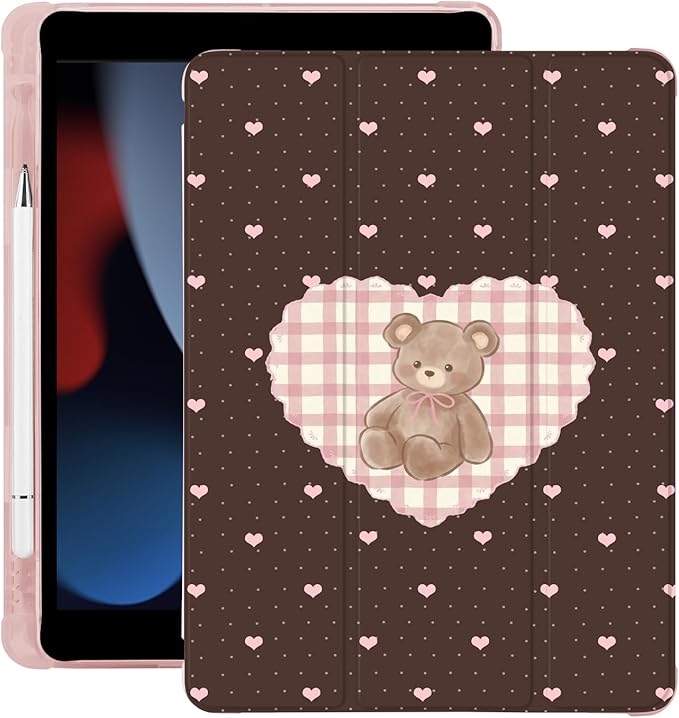 Cute Kawaii Bear Love Heart for iPad mini 7 A17 Pro 2024/iPad Mini 6 Case with Pencil Holder Auto Sleep/Wake Pink Leather Soft TPU Back Cover