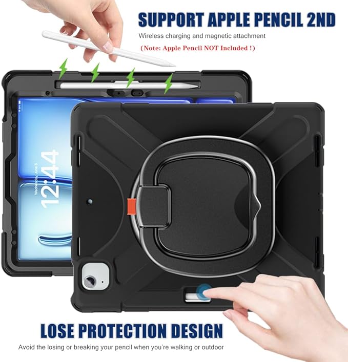 SCSVPN Case for iPad Air 13 inch M4 2026 /M3 2025/M2 2024 &amp iPad Pro 12.9 Case 6th/5th/4th/3rd Gen 2022 2021 2020 2018 Drop Protective Cover with Pencil Holder Stand Handle Shoulder Strap - Bl