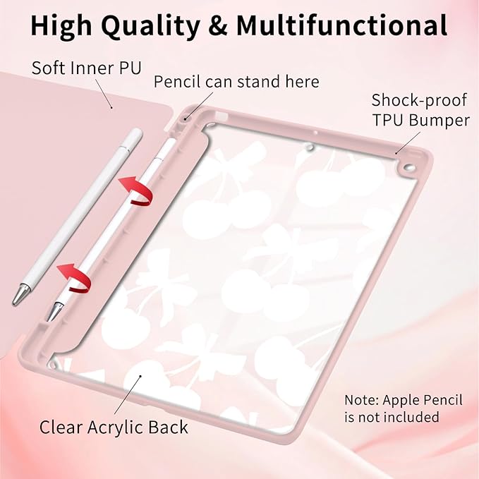 Lovely Cherry Case for iPad mini 7 (A17 Pro) 2024 / iPad mini 6 2021 8.3 Inch with Pencil Holder Cute Bow Girly Pink Leather Clear Back Shell Foldable Protective Cover