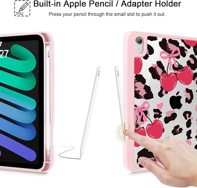 Mektron Printed Case for iPad mini 7 (A17 Pro) 2024/ Mini 6 2021 iPad mini 7th/6th Generation 8.3-inch Liquid Retina Display Cover Buit in Pencil Holder with Clear Back Shell Cherry &amp Cheetah