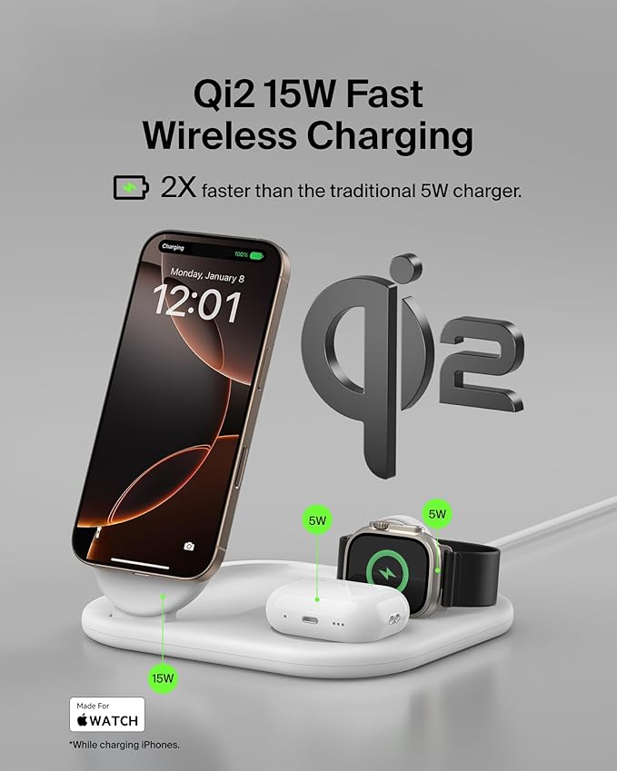 Belkin 3-in-1 MagSafe-Compatible iPhone Charger - Foldable Magnetic Qi2 Certified MagSafe Charging Station for Phone Apple Watch AirPods - Wireless for Multiple Devices