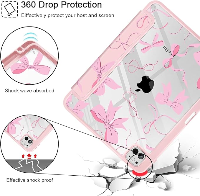 May Chen Case for iPad Pro 11-Inch M5/M4 2025/2024 (6th/5th Generation) Clear Transparent Print Back Shell Slim Stand Shockproof Tablet Cover Auto Wake/Sleep Pink Bows P631