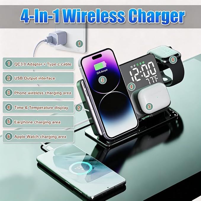 Wireless Charger Alarm Clock W669 Black