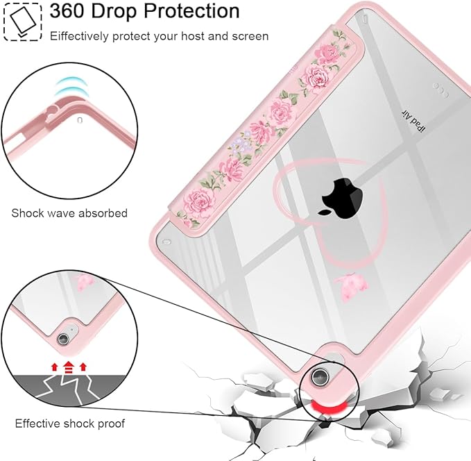 May Chen for iPad Air 11-inch M4/M3/M2 (2026/2025/2024) iPad Air 5th/4th 10.9 Inch - Shockproof Cover with Clear Back Shell &amp Penceil Holder Auto Wake/Sleep Stand Cover Bow &amp Rose Flower