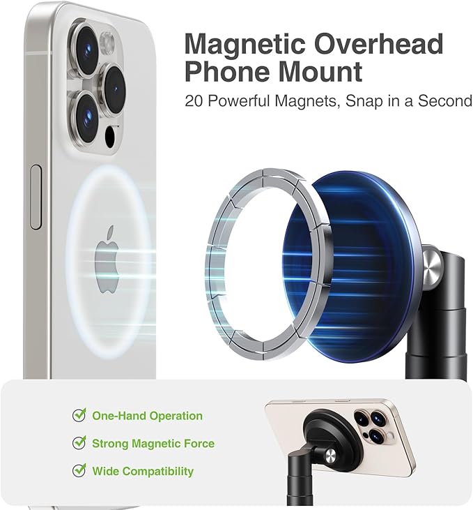 elitehood Magnetic Phone Stand for Overhead Recording 15 in Long Arm Magsafe iPhone Holder for Video Recording 360 Swivel Tilt Overhead Phone Mount for Filming Meeting Cooking Painting Crafting