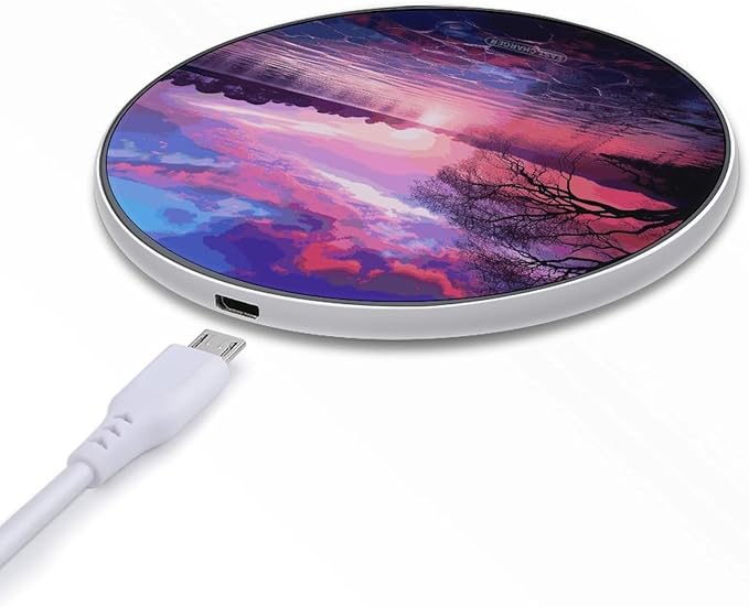 Purple Sunset on Water Wireless Charger Fast Wireless Charging Pad with USB Cable 10W Anti-Slip Magnetic Wireless Charger Portable Slim Charger Puck Travel Charging Station