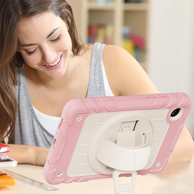 Case for Samsung Galaxy Tab A9 Case 8.7 Inch 2023 with 360 Rotating Hand Strap &amp Shoulder StrapProtective Case for Galaxy Tab A9 8.7 Tablet SM-X110/X115/X117 (Pink+White)