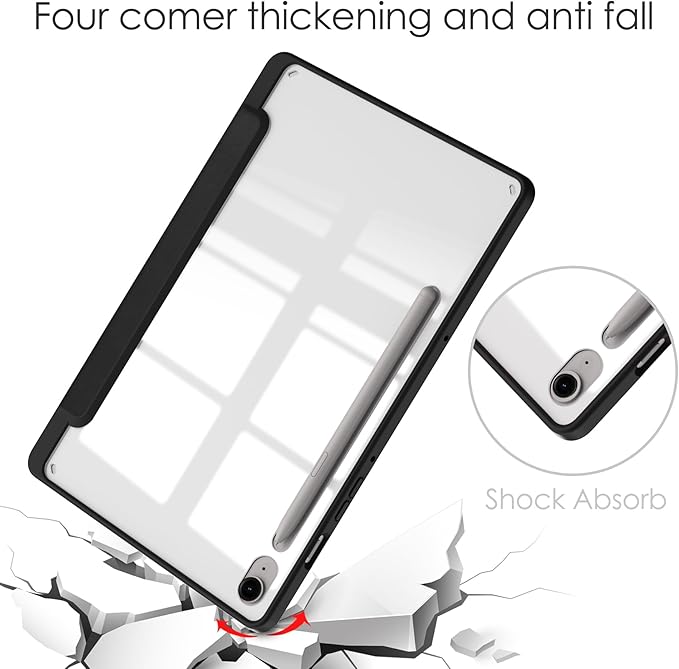 for Samsung Galaxy Tab S10 Lite/ S10 FE/ S9 FE 10.9 Inch Tri-Fold Smart Tablet Case with Pen Holder Shockproof Protective Cover W Transparent Back Shell Auto Wake/SleepBlack