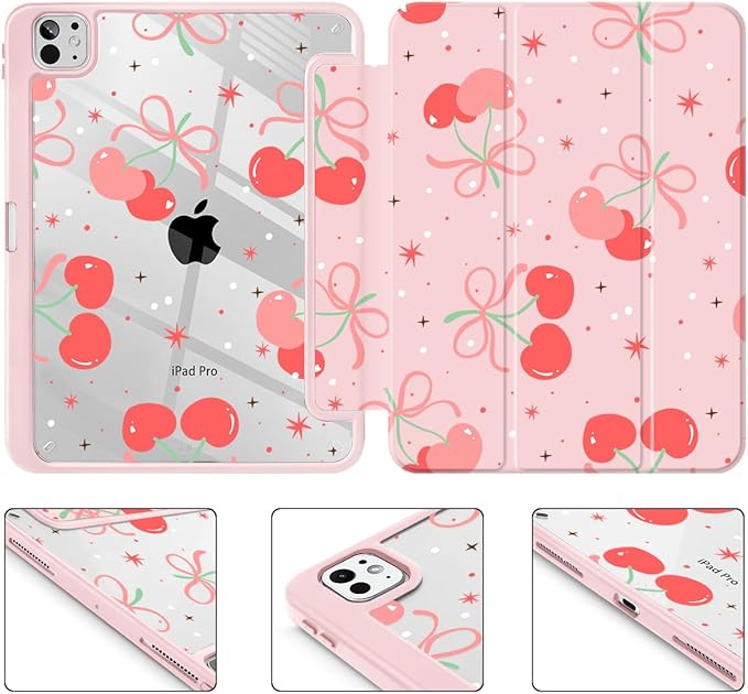 May Chen Case for iPad Pro 11-Inch M5/M4 2025/2024 (6th/5th Generation) [Penceil Holder] Trifold Stand Auto Wake/Sleep Clear TPU Protection Back Cover Coquette Cherry