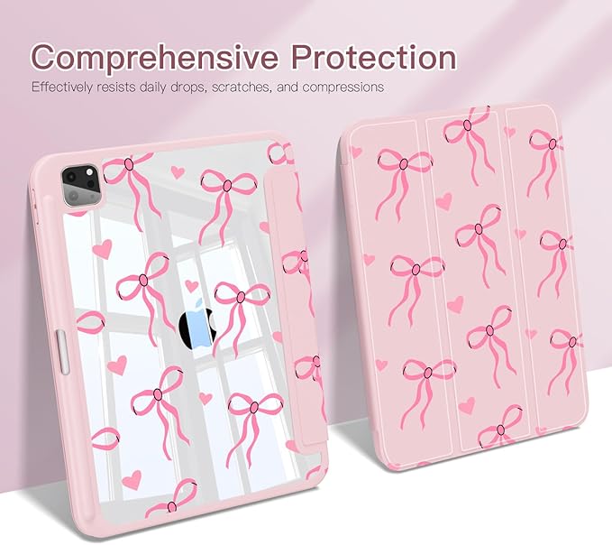 Teryeefi for iPad Air 11-Inch Case M4 (2026) M3 (2025) / M2 (2024) &amp iPad Air 4th/5th Generation iPad Pro 11 in 4th/3rd/2nd/1st - Clear Back Cover with Pencil Holder Auto Wake/Sleep (Cute Bows)