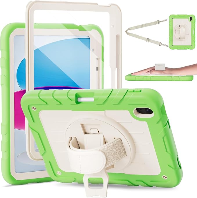 Case for iPad 10th Generation 10.9inch 2022with Built-in Screen Protector and KickstandHand StrapShoulder Strap for New Apple iPad 10.9 Inch (Green/Beige)