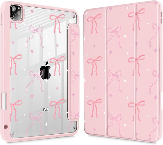 Tuiklol Case for iPad Pro 12.9 Inch M2 Case 2022 2021 2020 2018 Generation 6th/5th/4th/3rdBuilt-in Pencil 2nd Holder Clear Transparent Protective Back Shell Cover Pink Bows