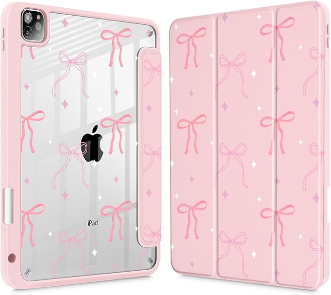 Tuiklol for iPad Pro 11 Inch Case M2 2022 Gen 4th -Built-in Pencil Holder Shockproof Cover Clear Transparent Back Shell Fit for iPad 11’’ 2021 2020 2018 Gen 3rd/2nd/1st for Kid Pink Bows