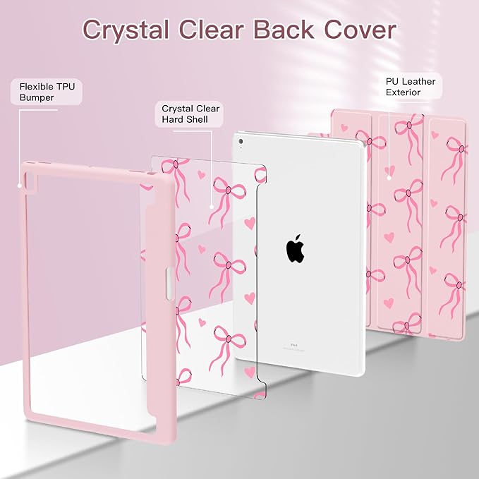 Teryeefi for iPad 9th Generation Case Clear Back Cover with Pencil Holder &amp Auto Sleep/Wake for iPad 10.2 inch 9th/8th/7th Generation 2021/2020/2019 - Cute Pink Bow