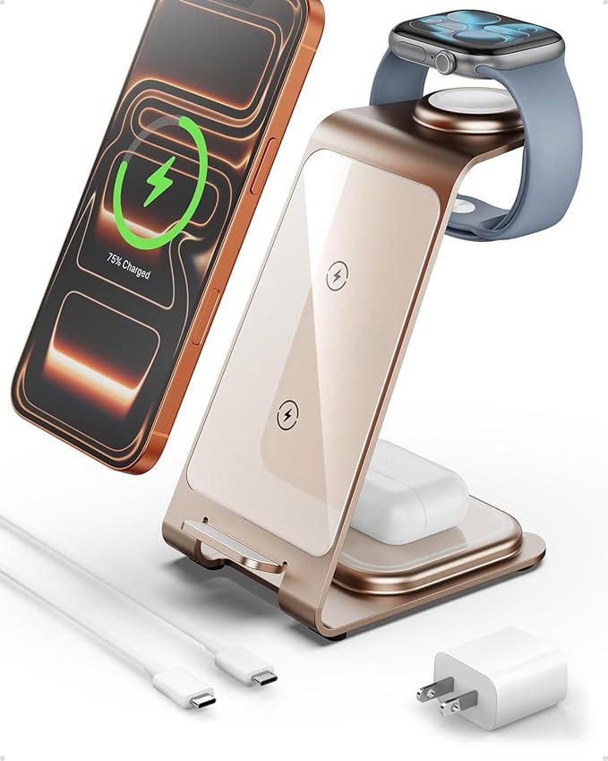 Intoval Aluminum 3 in 1 Wireless Charging Station for iPhone 17 16 15 14 13 12 11 Pro Max XR Wireless Charger for Apple Watch 11 10 9 8 7 Ultra SE 3 2 Phone Charger for AirPods 4 Pro 2 3 (Desert)