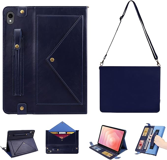 Tablet Carrying Shoulder Bag Case for Samsung Galaxy Tab S11 Inch 2025 SM-X730 X736B PU Leather Hand Strap Crossbody Shoulder Strap Cards Holder Pocket S Pen Holder Stand CaseBlue