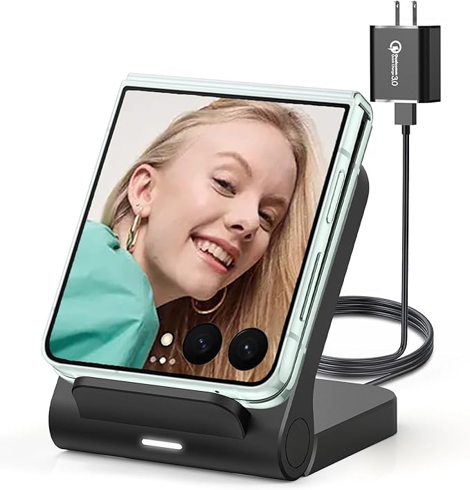 Geyo Wireless Charger for Samsung Galaxy Z Flip 15W Fast Wireless Charging Stand Compatible with Z Flip 7/6/5/4 for Motorola Razr/Razr+/Razr Ultra 2025 Non-Fold (QC3.0 Adapter Included) Black