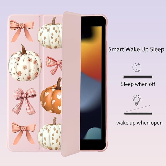 Cute Fall Pumpkin Bow for iPad Pro 12.9 Inch Case 5th/6th Generation 2022/2021/2020 with Pencil Holder Auto Sleep/Wake Pink Leather Soft TPU Back Cover