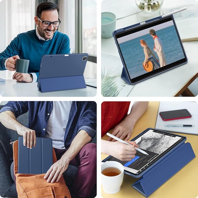 DTTO for iPad Air 13 Inch Case M4/M3/M2 2026/2025/2024 iPad Pro 12.9 Inch Case (6th/5th/4th/3rd Gen) Smart Slim Trifold Stand Soft Cover with Pencil Holder Navy Blue