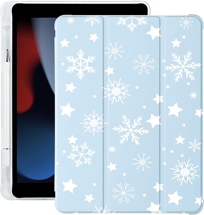 Cute Winter Snowflakes for iPad 5th/6th Generation Case with Pencil Holder Auto Sleep/Wake Blue Leather Soft TPU Back Cover for iPad 9.7 Inch