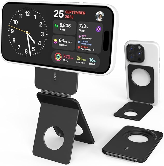 Cell Phone StandAdjustable Height and Angle Foldable Phone Holder for Desk Aluminum Cell Phone HolderStrong Magnetic Phone Stand Compatible with iPhone 16/15/14/13/12 Series (Black)