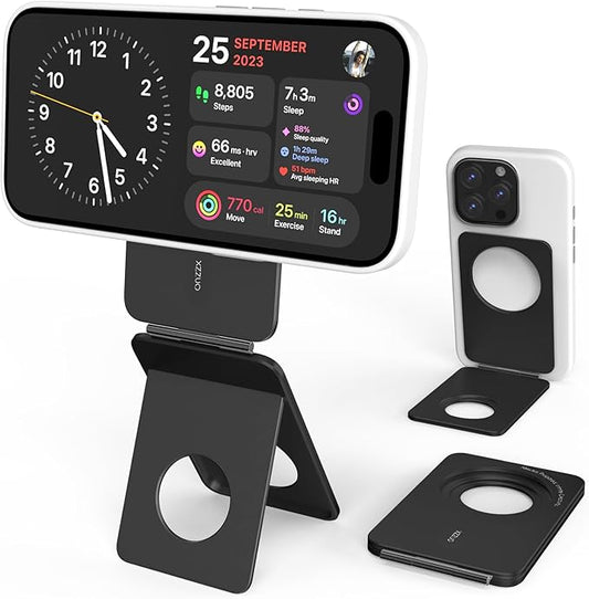 Cell Phone StandAdjustable Height and Angle Foldable Phone Holder for Desk Aluminum Cell Phone HolderStrong Magnetic Phone Stand Compatible with iPhone 16/15/14/13/12 Series (Black)