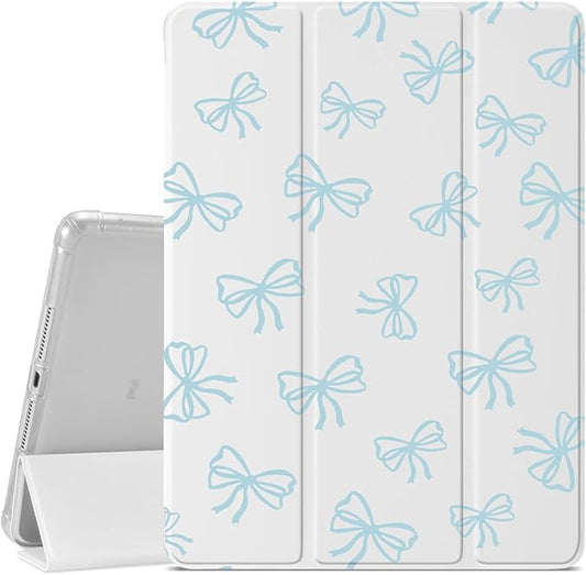 JOYLAND Light Blue Bow Pattern Case for iPad 9th/8th/7th Generation 10.2 Inch (2021/2020/2019 Release) Pencil Holder &amp Clear Transparent Soft TPU Back &amp Trifold Smart Pad White Cover