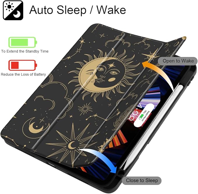 Tuiklol for iPad Pro 11 Inch (M5 2025 / M4 2024) Case Buit-in Pencil Holder with Slim Clear Back Cover Protection Trifold Stand-Auto Wake/Sleep Tablet Case Black Flower Moon &amp Star