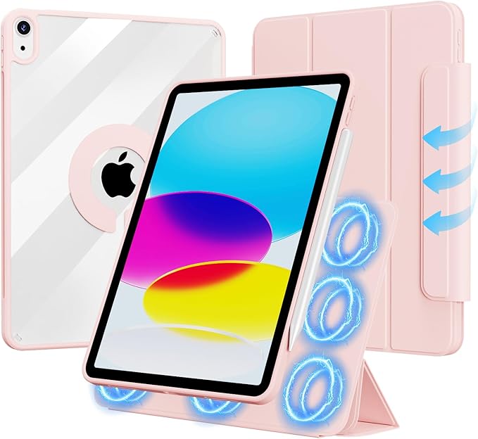 for iPad (A16) 11th Generation 11 Inch 2025/ 10th Generation 10.9 Inch 2022 Hybrid Case with Pencil Holder | Detachable Magnetic Cover | Portrait/Landscape Stand | Clear Hard Back Pink