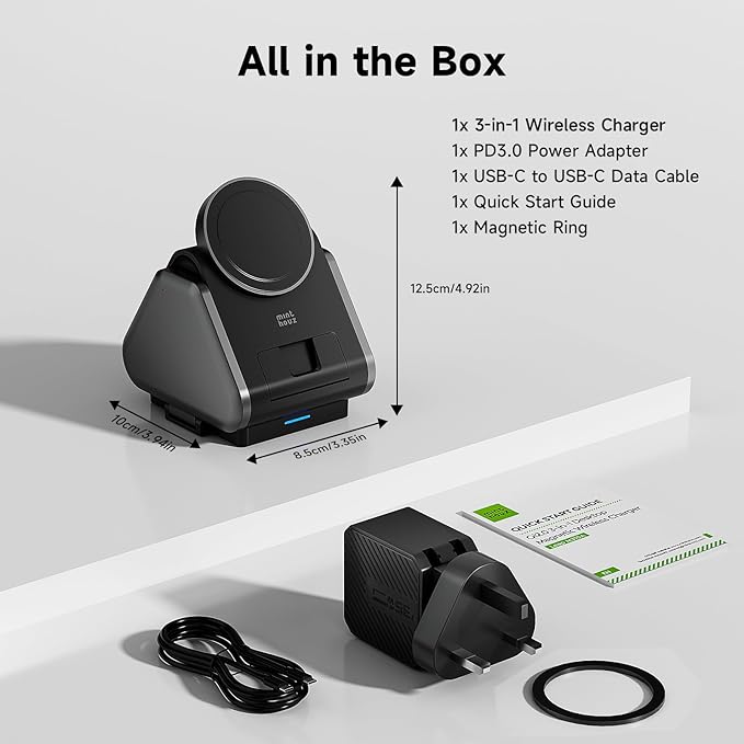 3 in 1 Charging Station Mag Safe Wireless Charger Stand Qi2-enable 15W Multiple Device Magnetic Charging Station for iPhone 1615141312 Series Apple Watch AirPods (USB-C Charger Included)