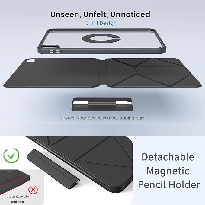 for iPad A16 Case 11th Generation 11 Inch 2025 for iPad 10th Generation Case 10.9 Inch 2022 with Pencil Holder Folio Stand Cover Clear Back Magnetic Attachment Multi Angles Black