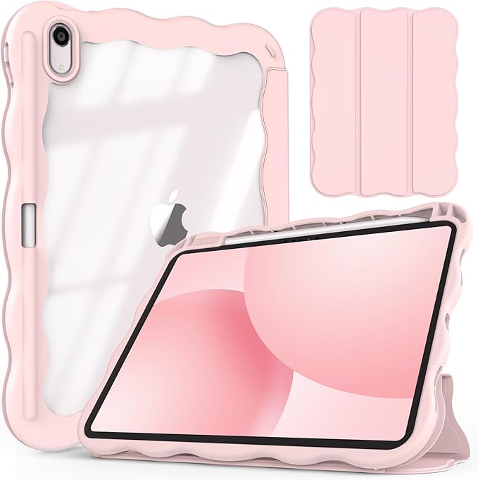Compatible with iPad (A16) 11th Generation Case 11 Inch 2025 iPad 10th Generation Case 10.9 Inch 2022 with Pencil Holder Wave-Edge Slim Trifold Stand Protective Cover Auto Wake/Sleep Pink