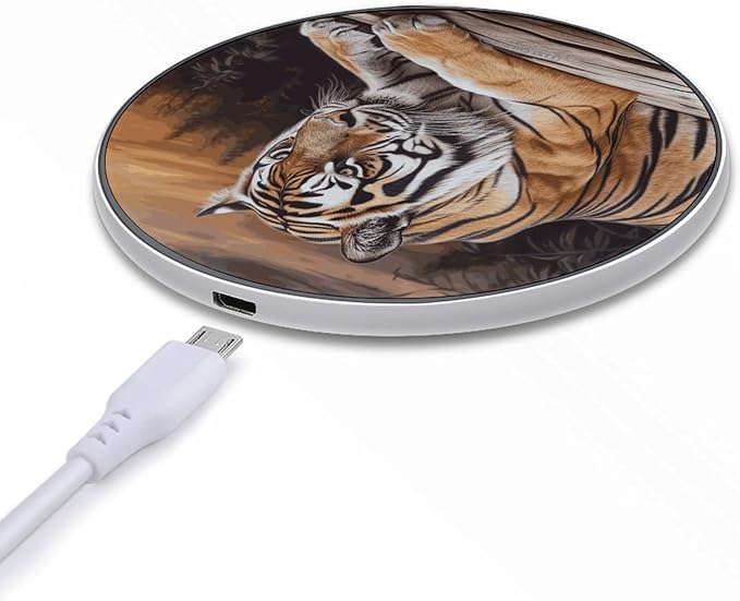 Tiger Lying on Wood Wireless Charger Fast Wireless Charging Pad with USB Cable 10W Anti-Slip Magnetic Wireless Charger Portable Slim Charger Puck Travel Charging Station