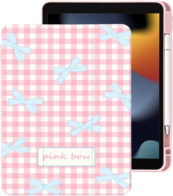 Cute Kawaii Bow Plaid for iPad Pro 11 Inch Case (M5/M4) 2025/2024 with Pencil Holder Auto Sleep/Wake Pink Leather Clear Acrylic Back Cover