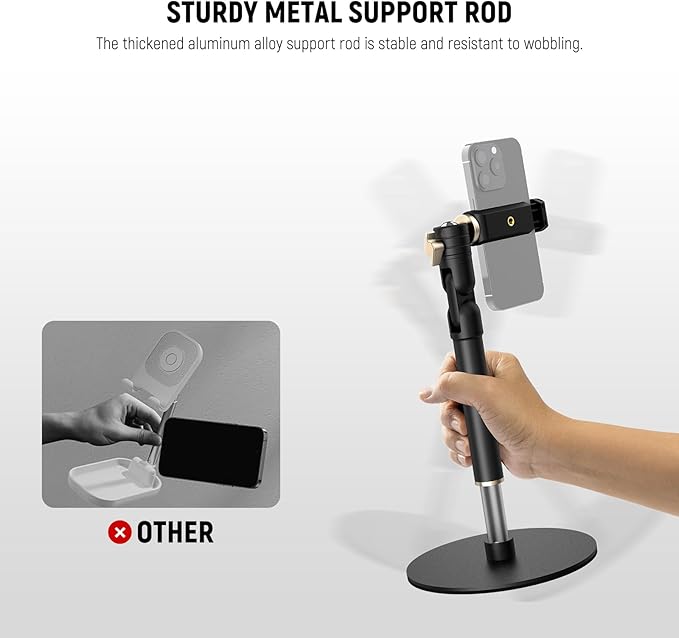 NEEWER Cell Phone Stand for Desk Adjustable Office Table Phone Holder Mount Compatible with iPhone Samsung for Video Recording Filming 360° Ball Head Foldable Arm Weighted Metal Base MT010