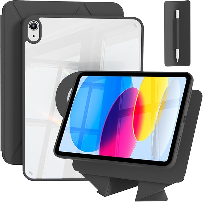 for iPad A16 Case 11th Generation 11 Inch 2025 for iPad 10th Generation Case 10.9 Inch 2022 with Pencil Holder Folio Stand Cover Clear Back Magnetic Attachment Multi Angles Black