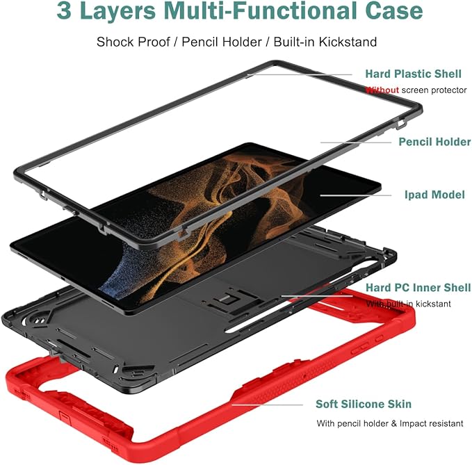 Protective Case Compatible with Samsung Galaxy Tab S9 Ultra 14.6 Inch 2023 Case with Built-in Stand Rugged Hybrid Shockproof Protective CoverCompatible with Samsung Galaxy Tab S9 Ultra(Red+Black)